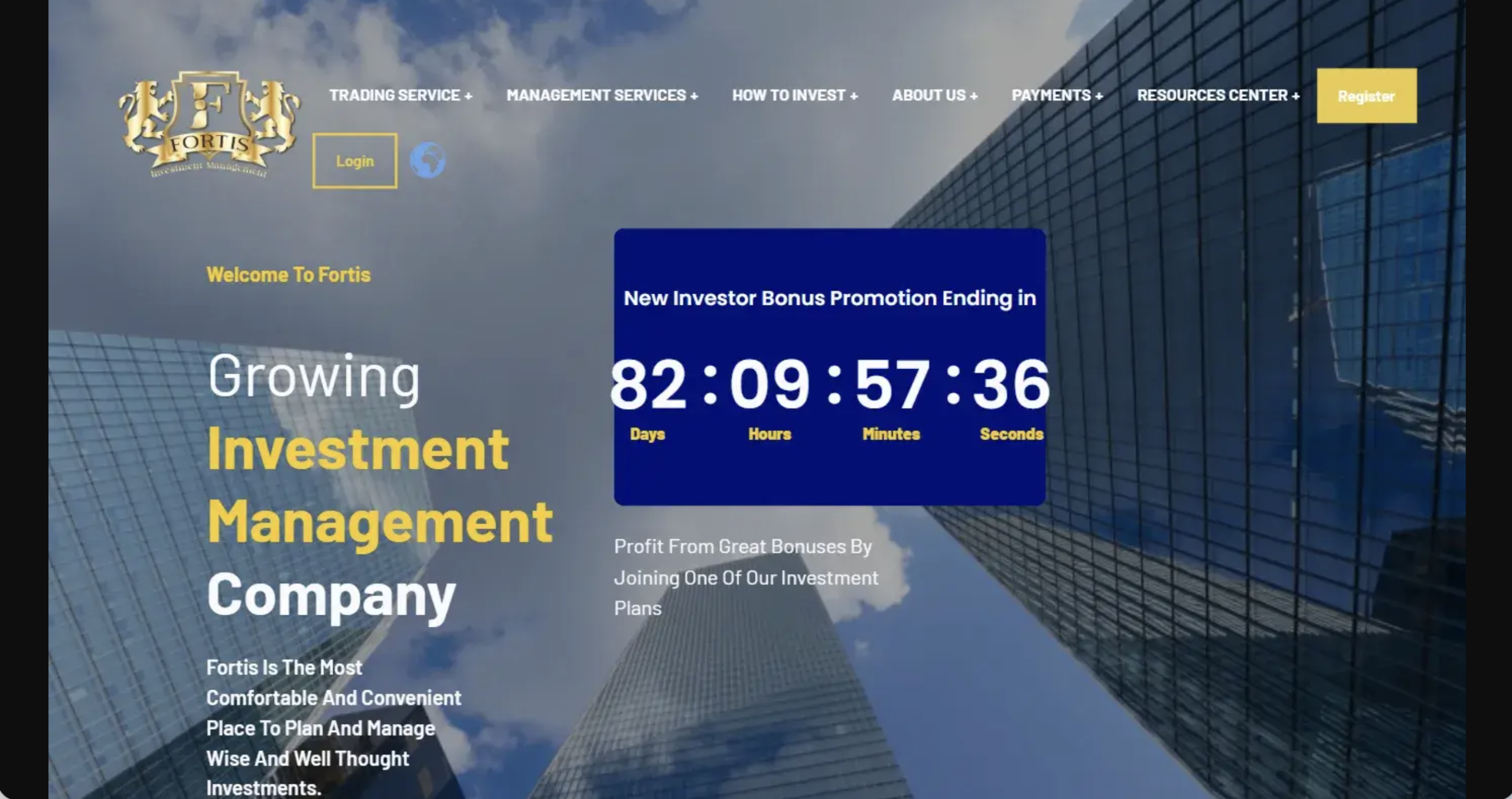 Screenshot of the fraudulent trading platform Fortis, showcasing its misleading marketing. 