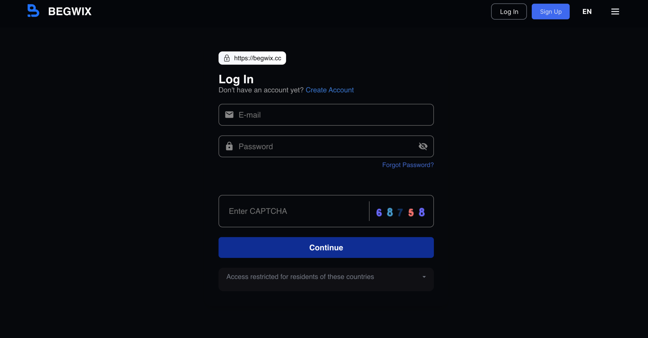 Screenshot of the fraudulent trading platform Begwix, showcasing its misleading marketing.