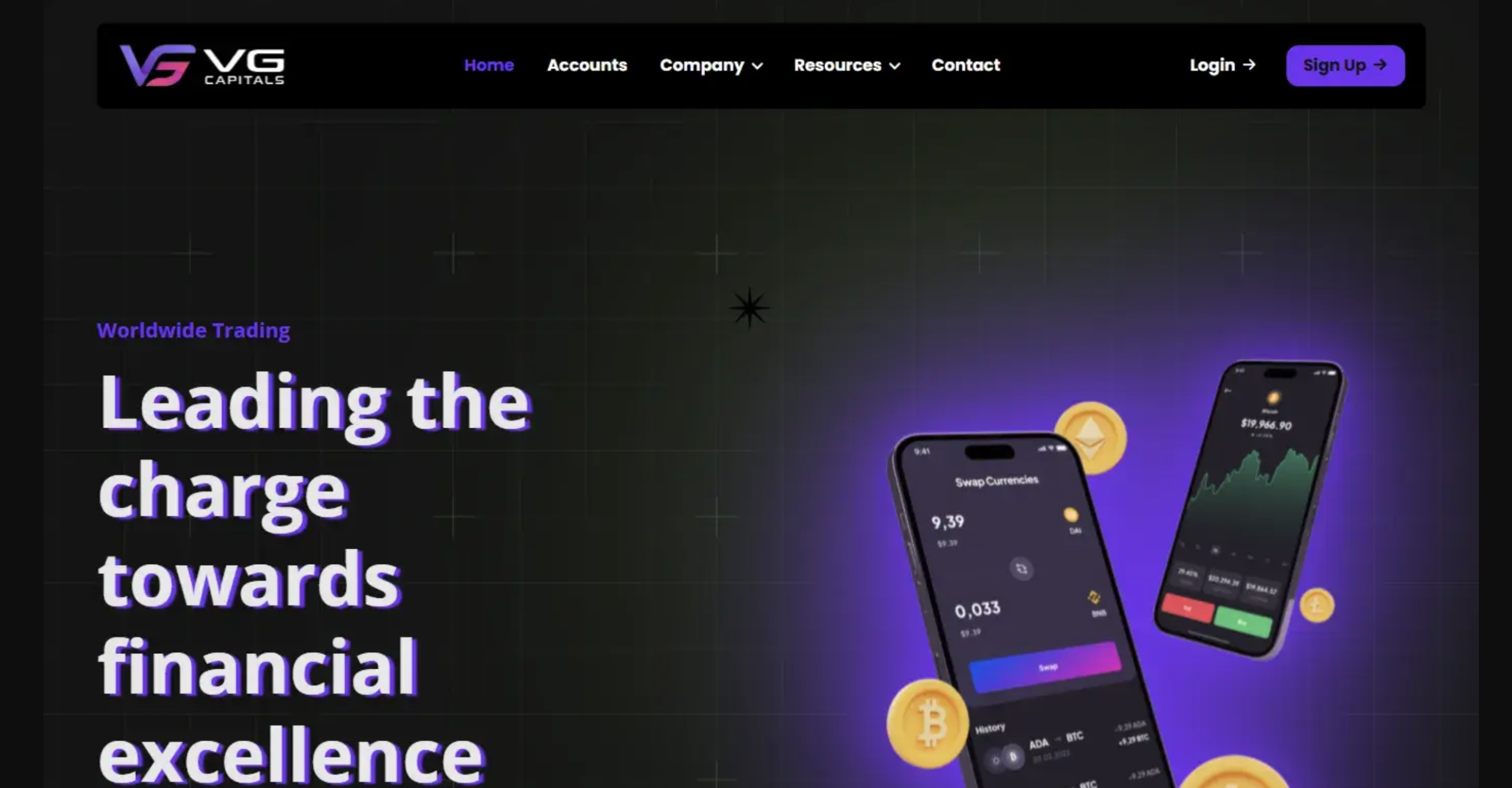 Screenshot of the fraudulent trading platform VG Capitals, showcasing its misleading marketing.