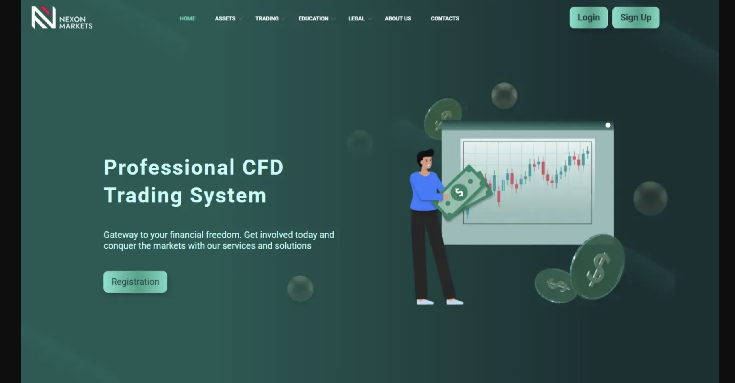 Screenshot of the fraudulent trading platform Nexonmarkets, showcasing its misleading marketing.