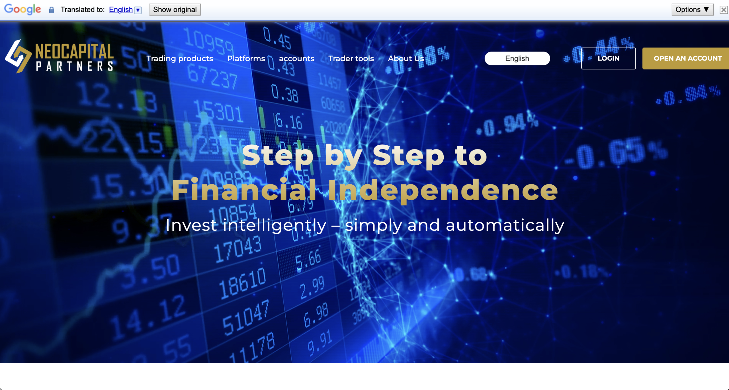 neocapitalpartners.com Screenshot of the fraudulent trading platform NeoCapitalPartners, showcasing its misleading marketing.