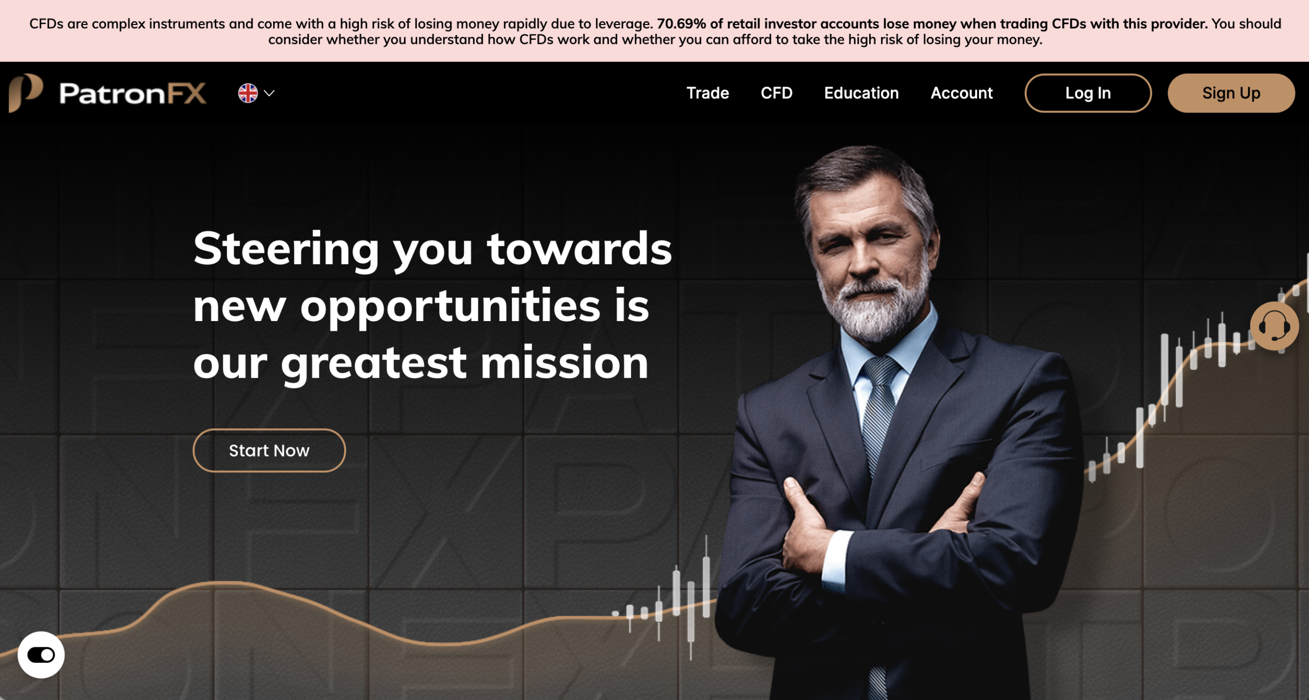 Screenshot of the fraudulent trading platform PatronFX, showcasing its misleading marketing.