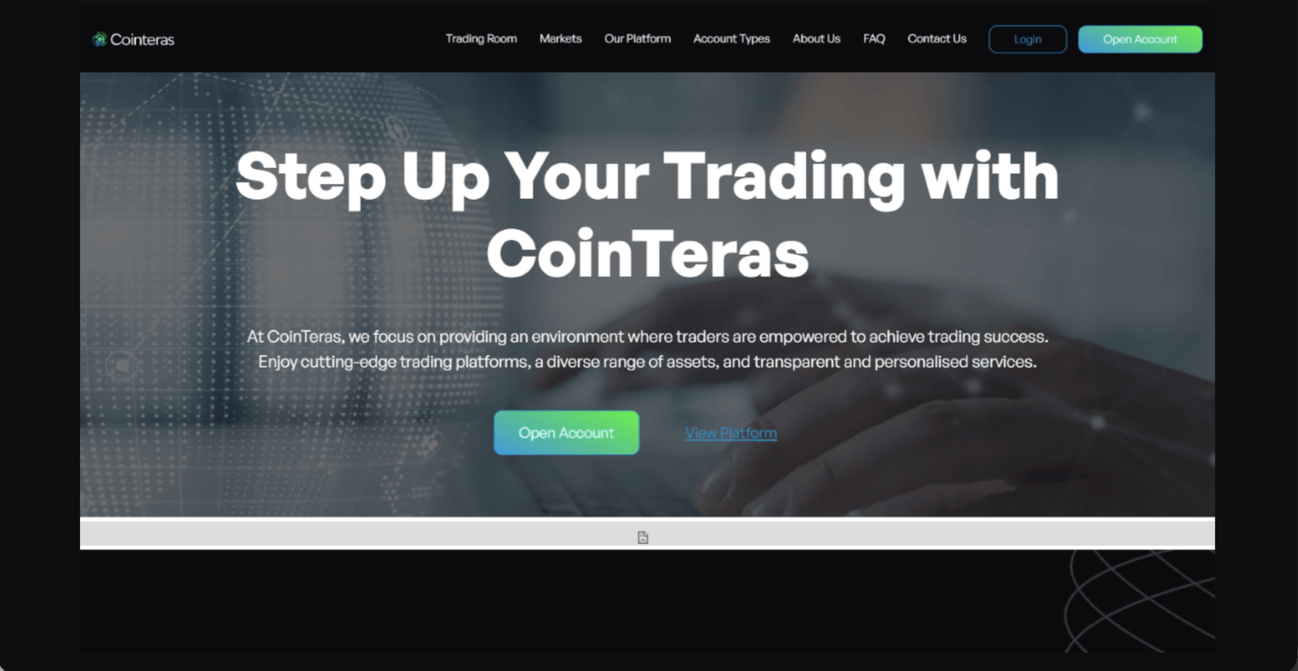 Screenshot of the fraudulent trading platform CoinTeras, showcasing its misleading marketing. 