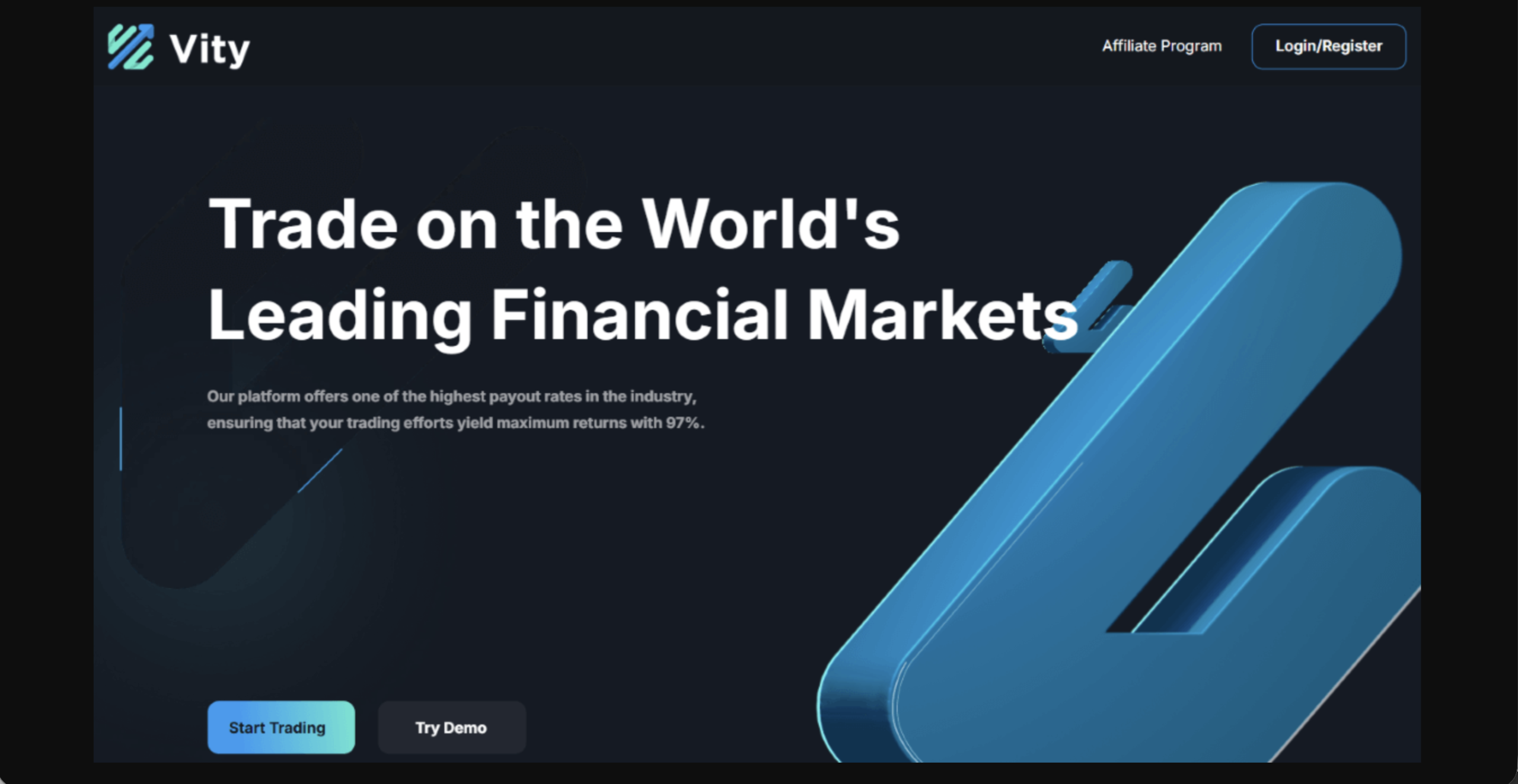 vitytrade.com Screenshot of the fraudulent trading platform Vity Trade, showcasing its misleading marketing.