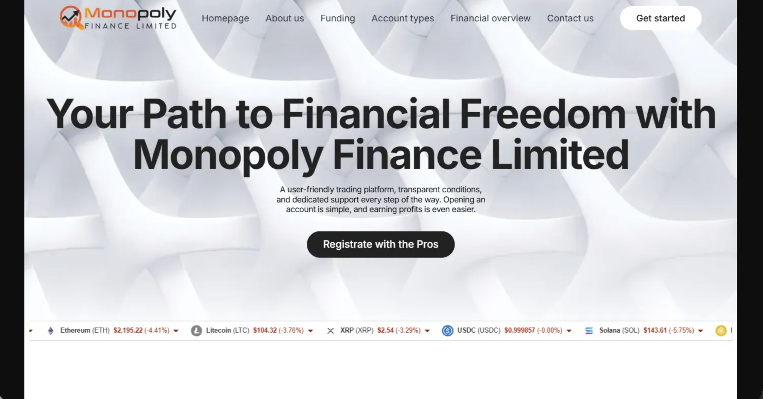 Screenshot of the fraudulent trading platform Monopoly Finance Ltd, showcasing its misleading marketing.