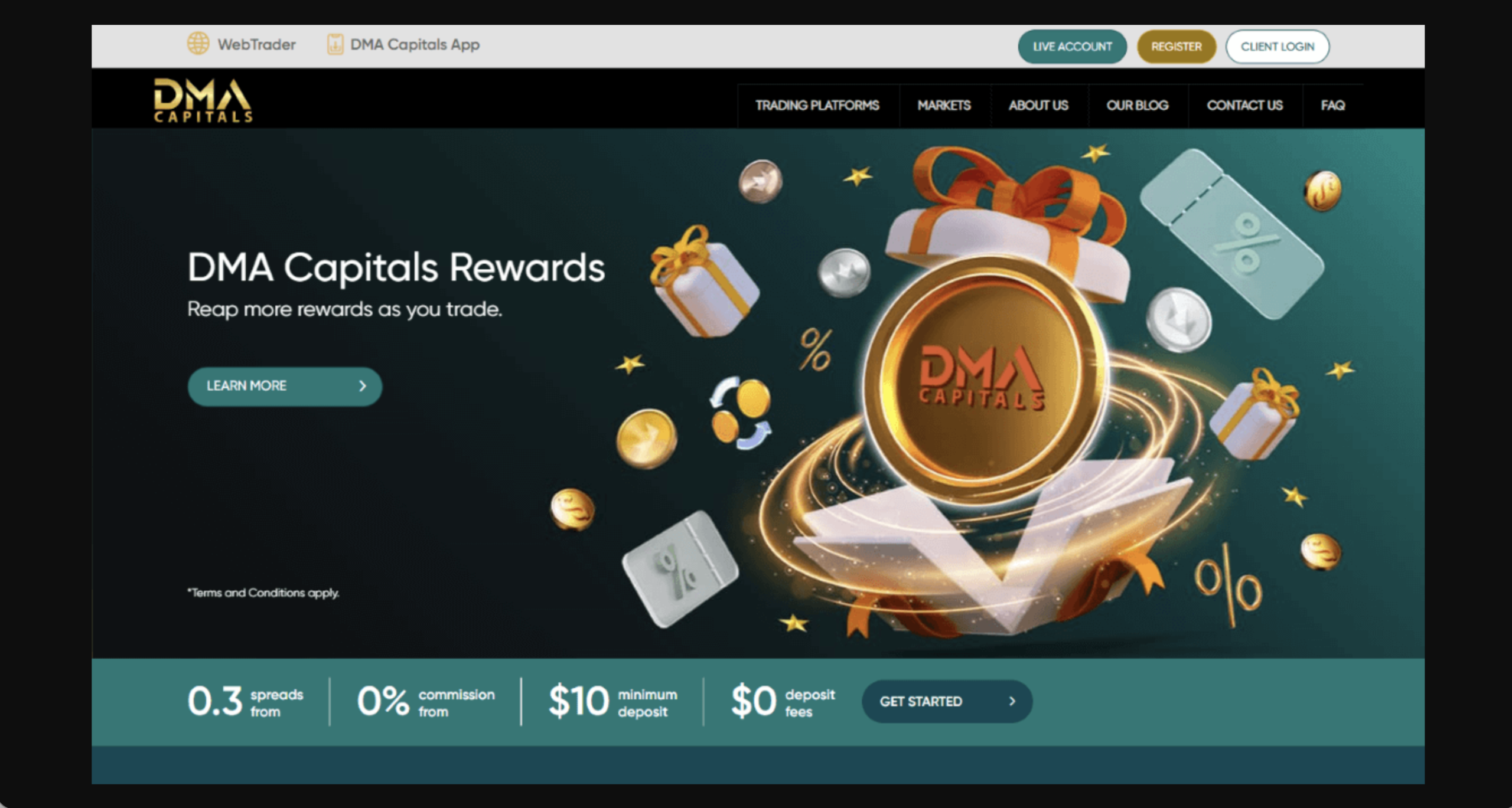 Screenshot of the fraudulent trading platform DMA Capitals, showcasing its misleading marketing.