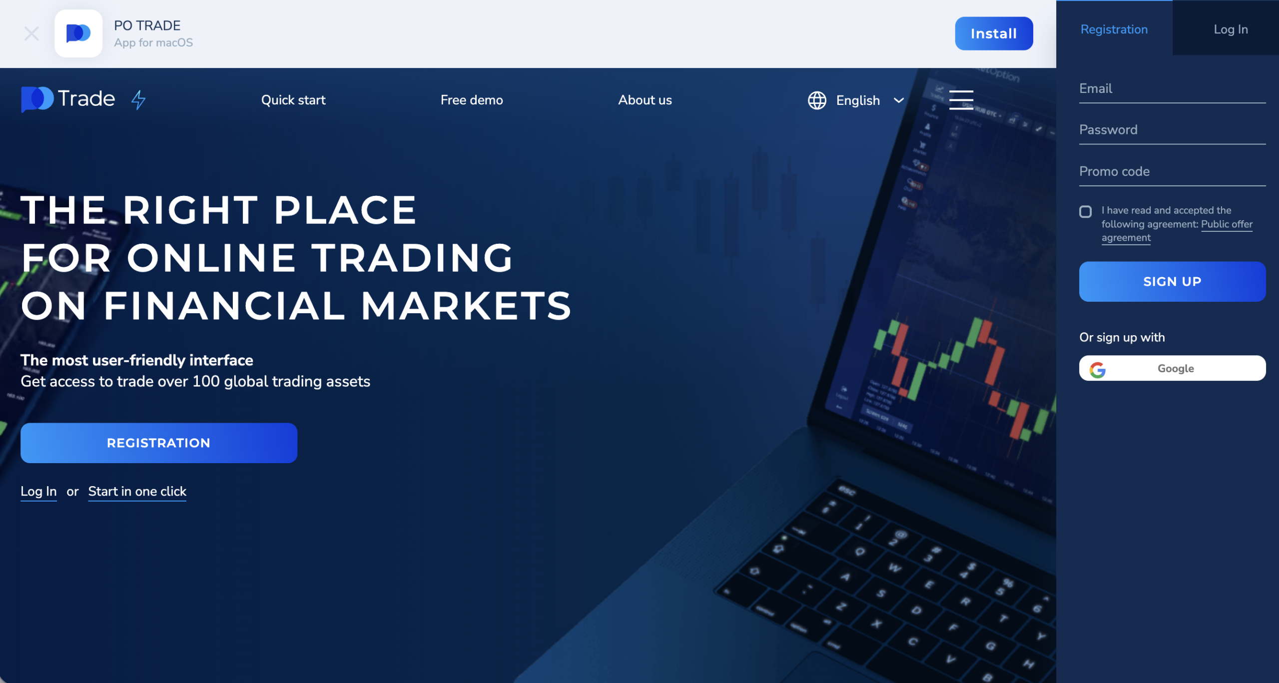 Screenshot of the fraudulent trading platform Pocket Option, showcasing its misleading marketing.