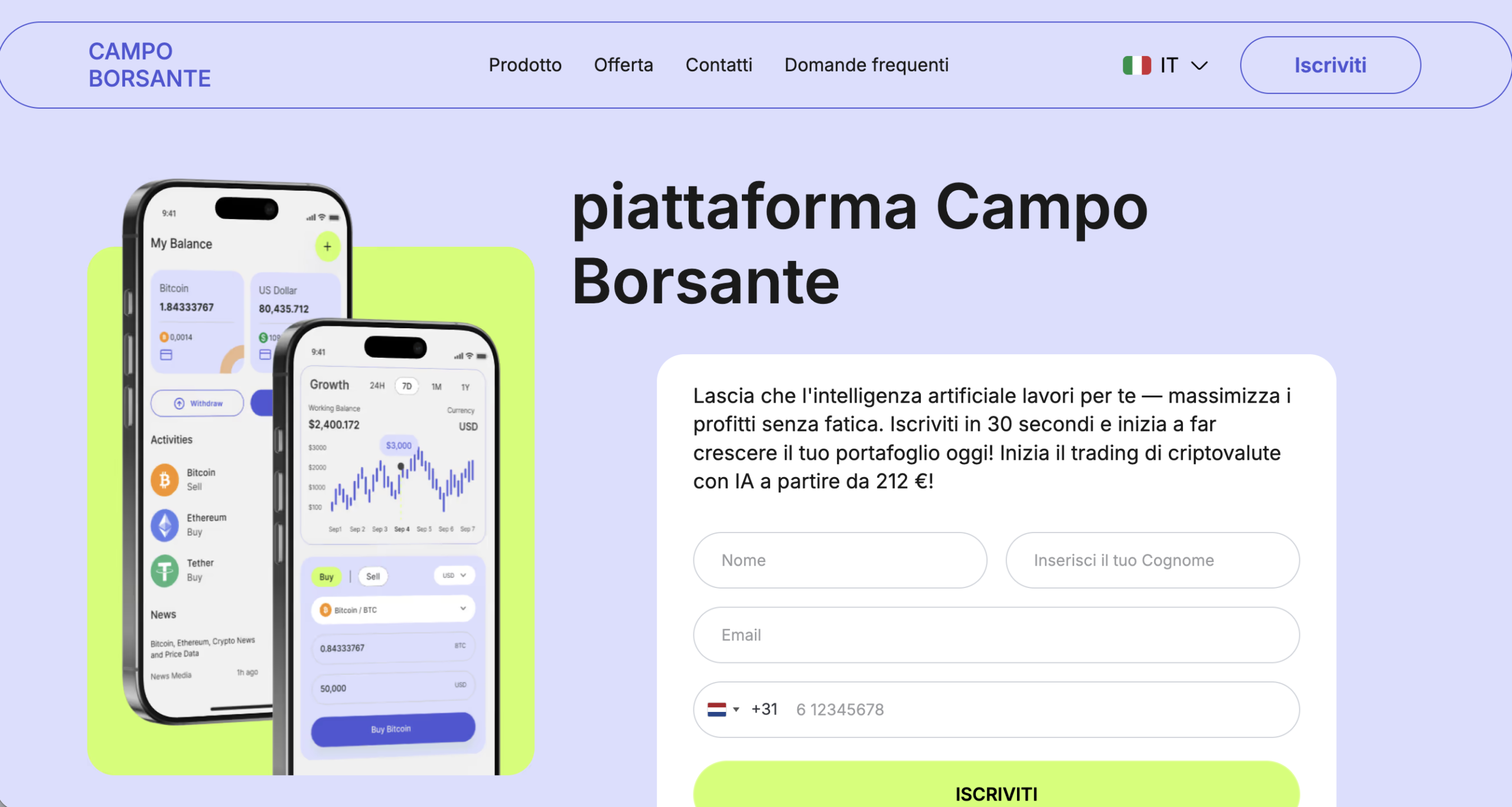 Screenshot of the fraudulent trading platform Campo Borsante, showcasing its misleading marketing.