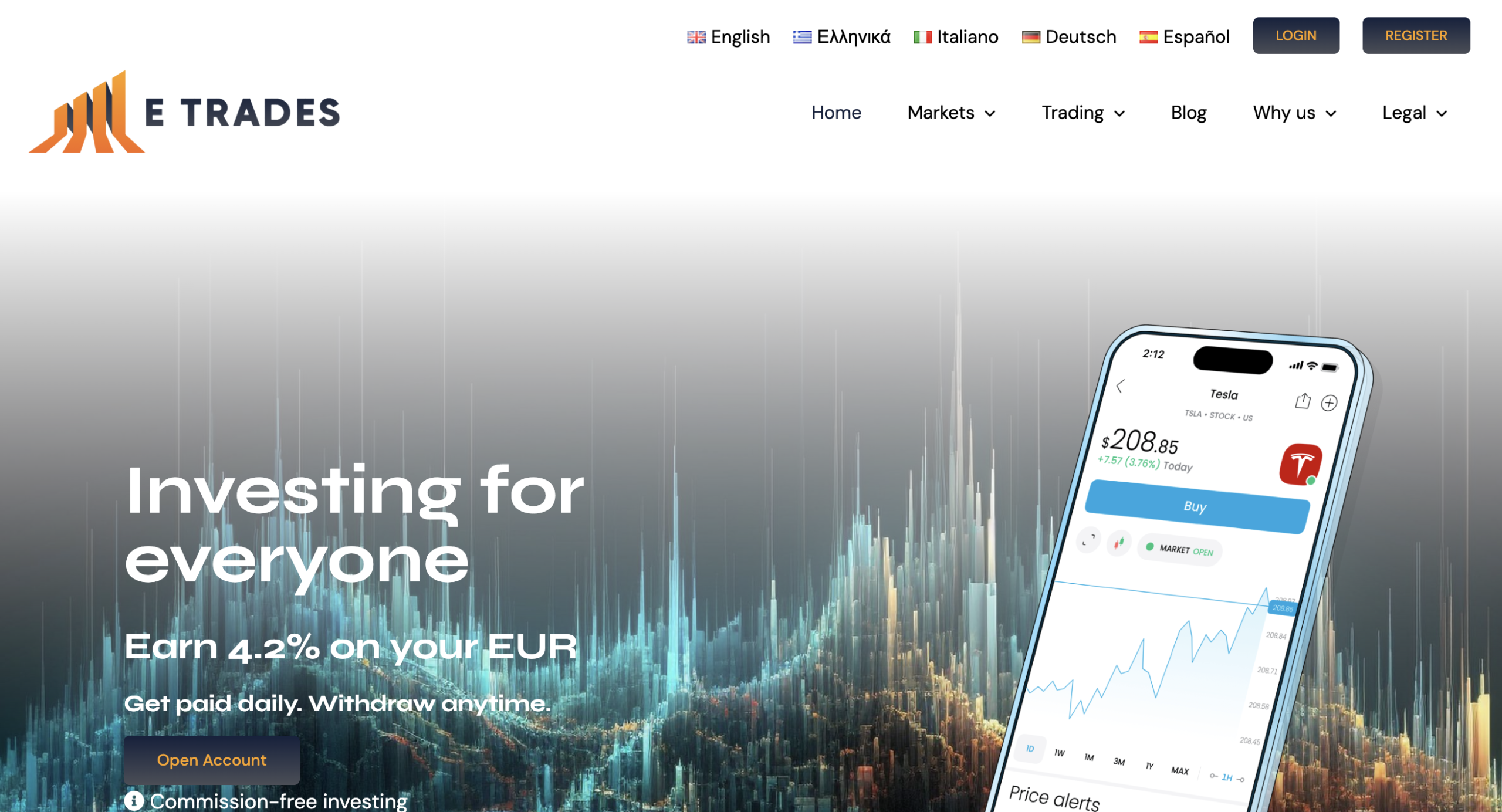 Screenshot of the fraudulent trading platform E Trades Ltd, showcasing its misleading marketing.