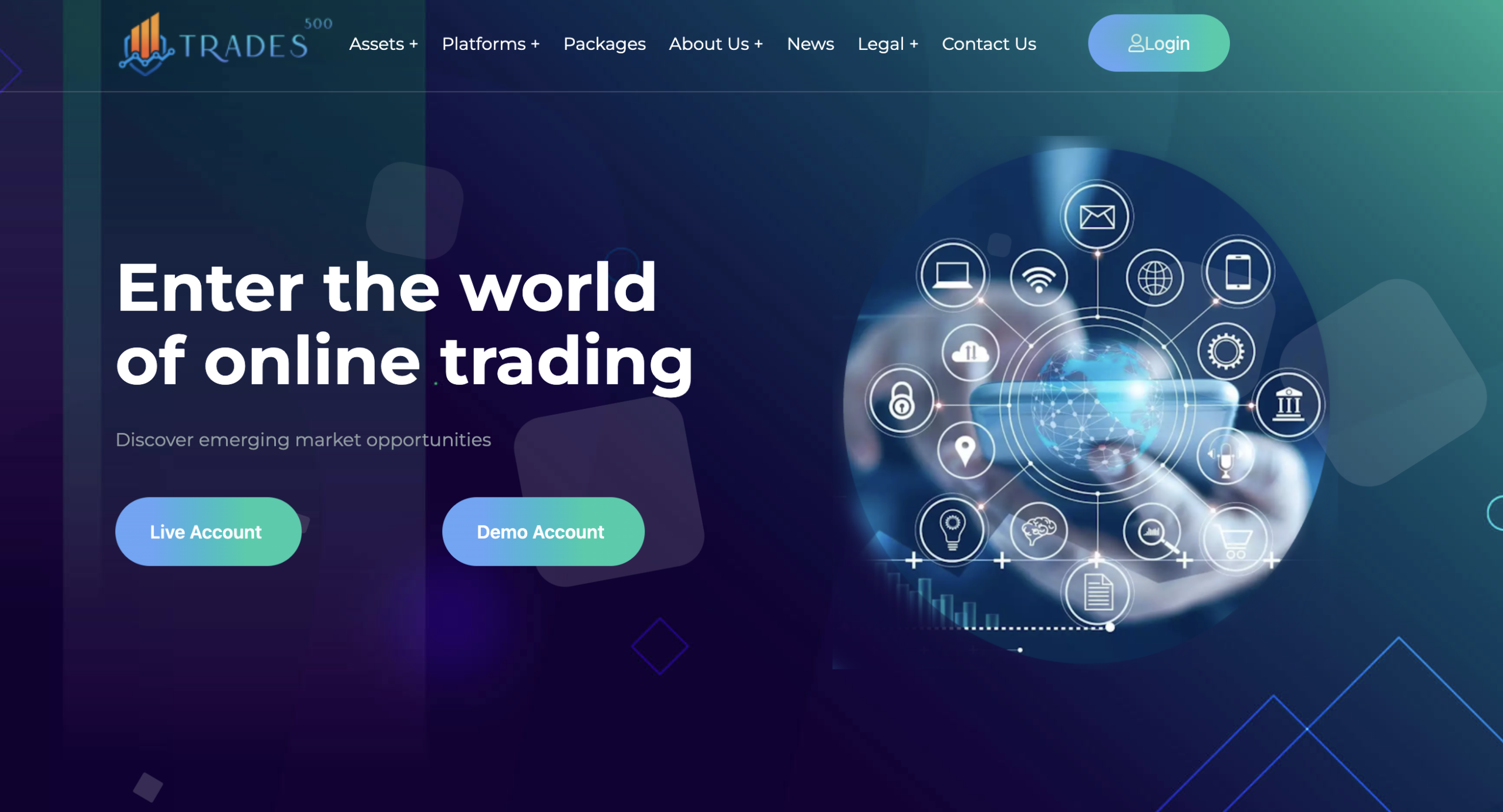 Screenshot of the fraudulent trading platform Trades500, showcasing its misleading marketing.