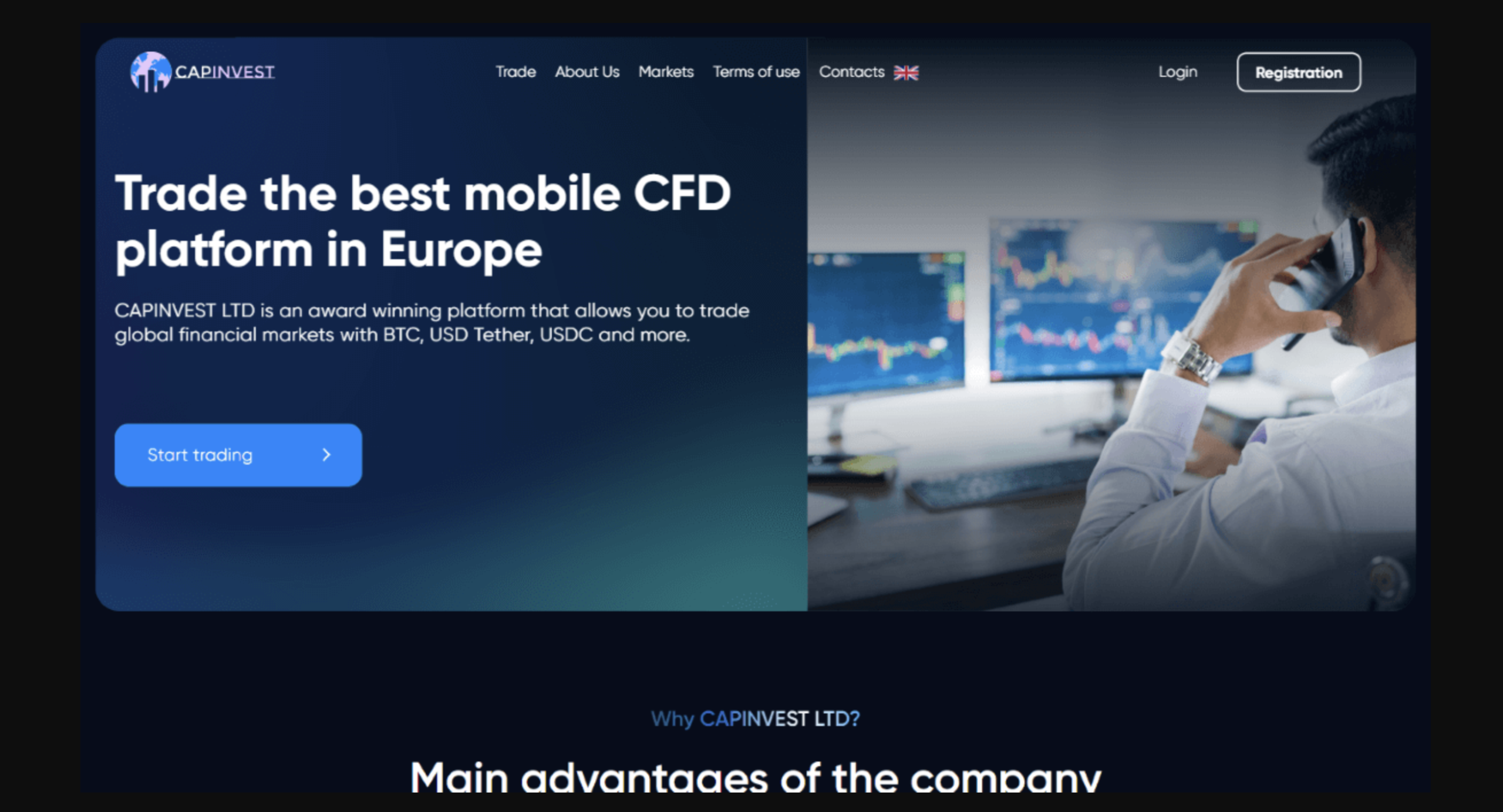 capinvest.ltd Screenshot of the fraudulent trading platform Capinvest Ltd, showcasing its misleading marketing.