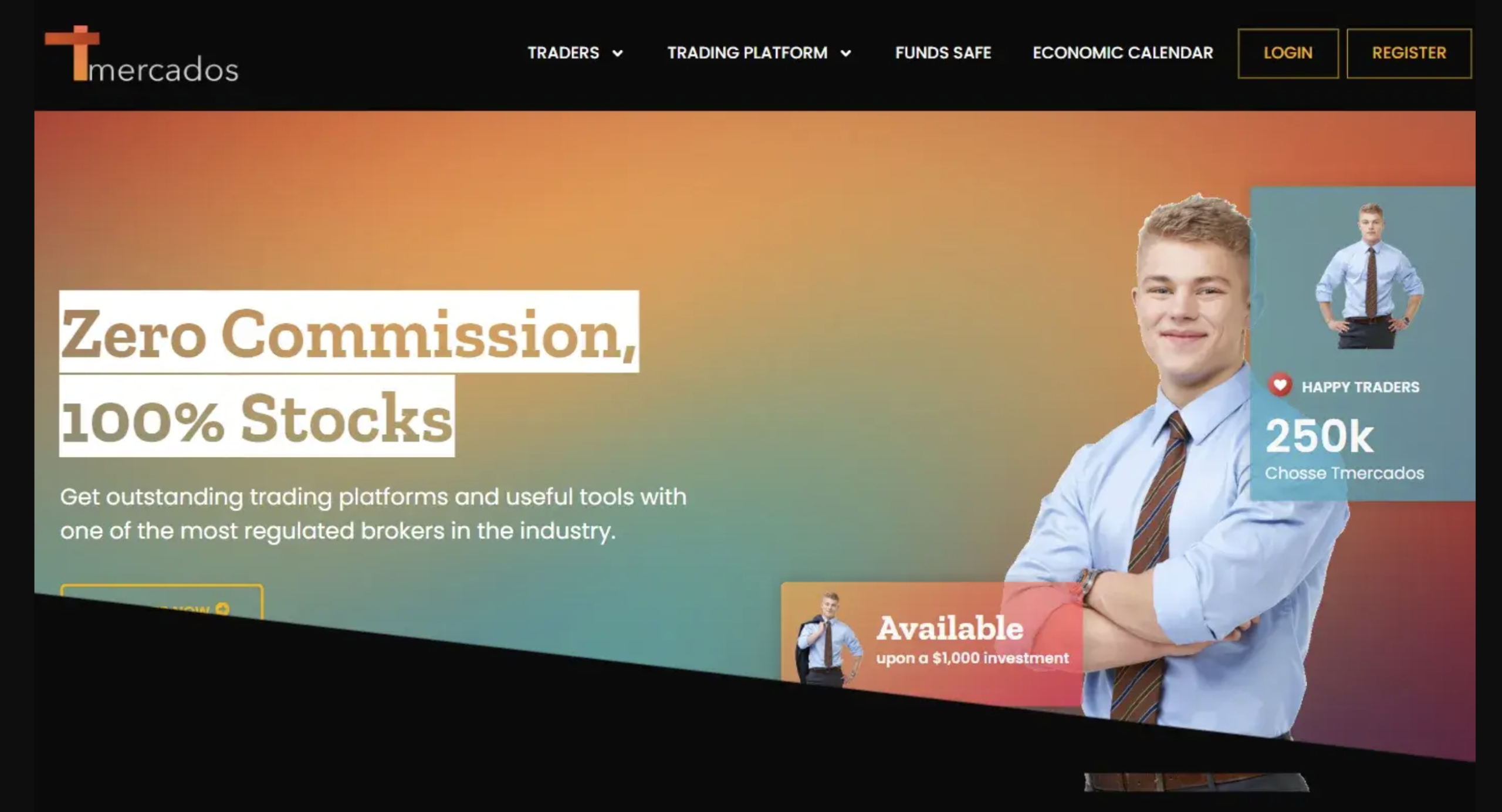 tmercados.com Screenshot of the fraudulent trading platform Tmercados, showcasing its misleading marketing.