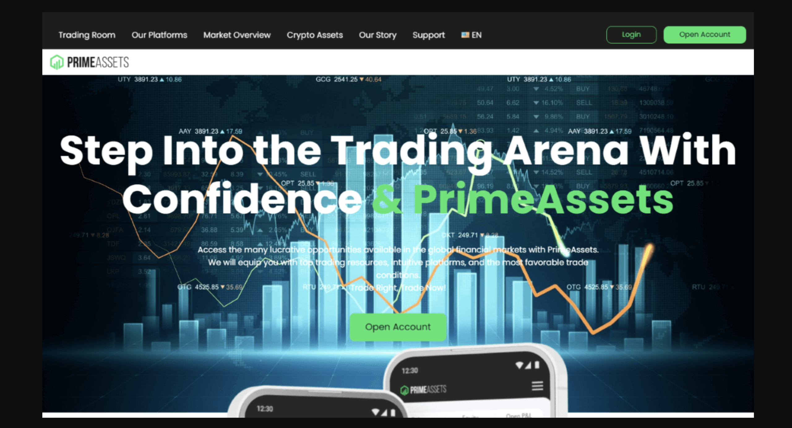 Screenshot of the fraudulent trading platform PrimeAssets, showcasing its misleading marketing.