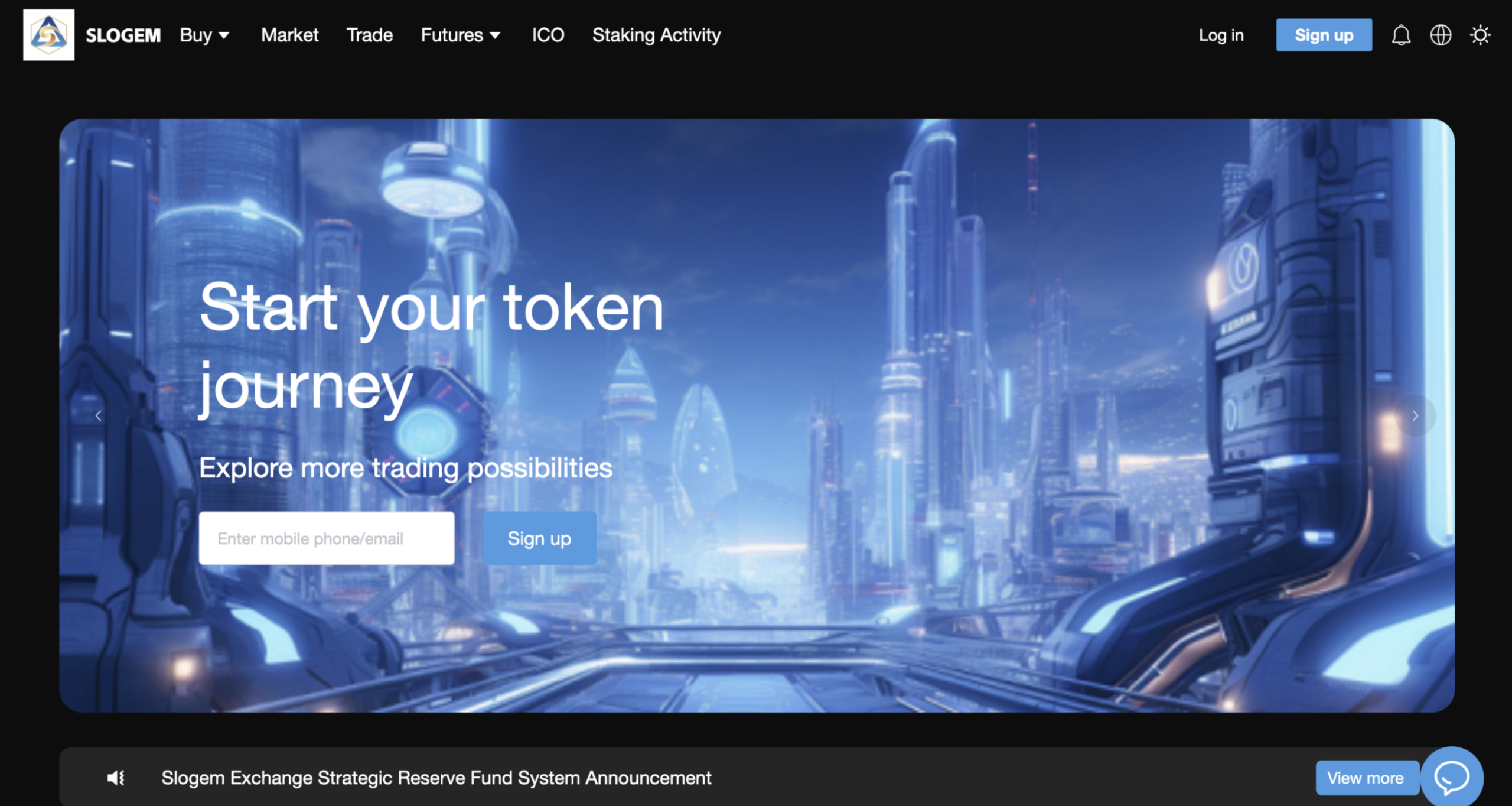 web.slogem.com Screenshot of the fraudulent trading platform Slogem Exchange, showcasing its misleading marketing.