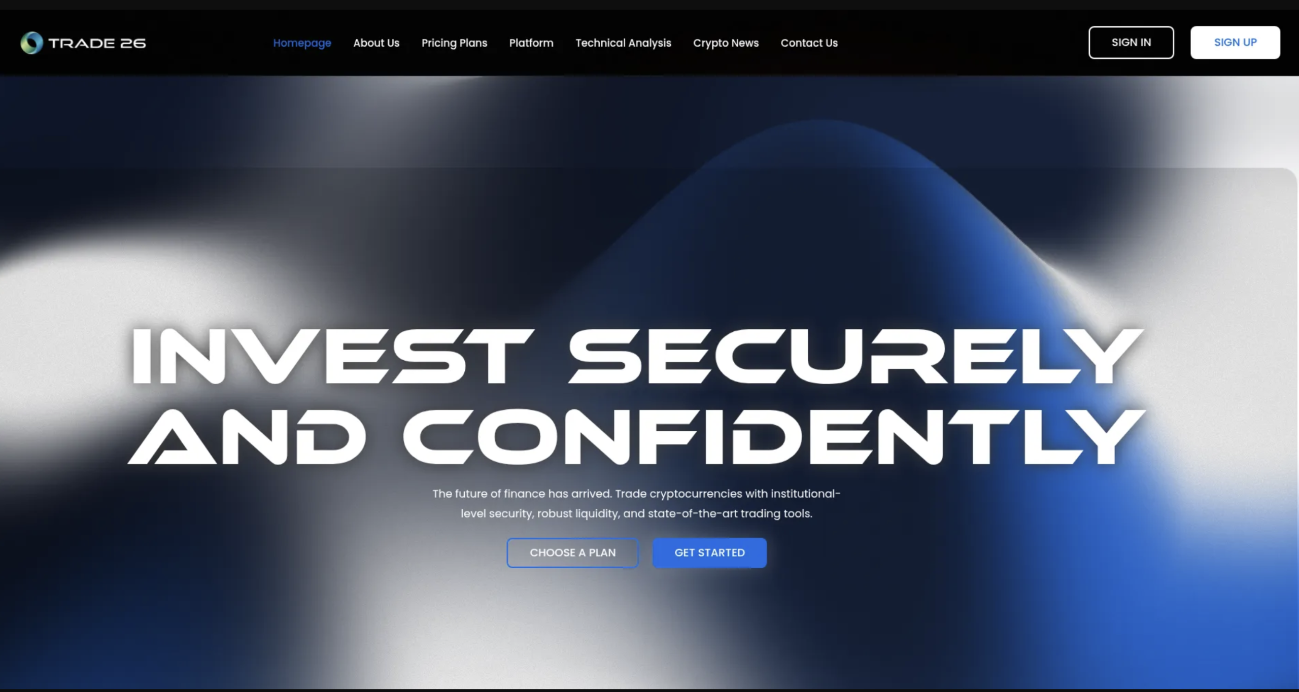 Screenshot of the fraudulent trading platform Trade26, showcasing its misleading marketing.