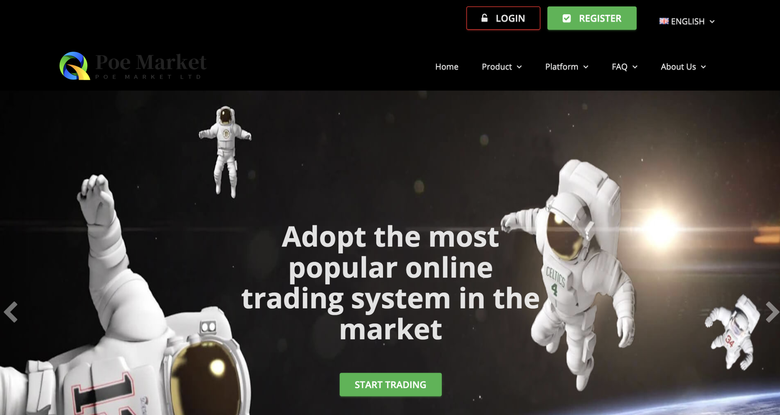 Screenshot of the fraudulent trading platform Poe Market, showcasing its misleading marketing.