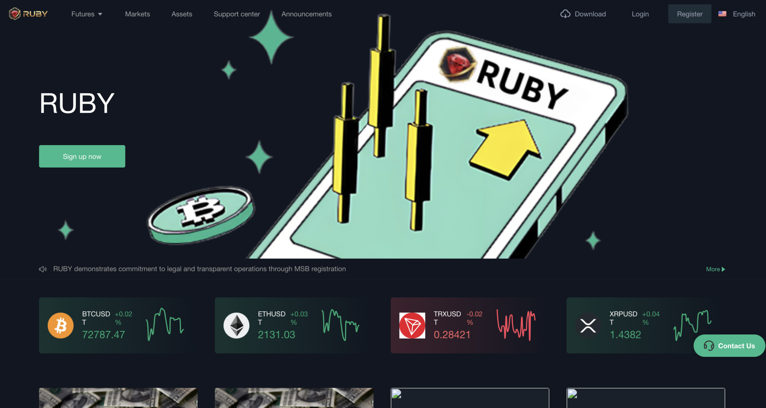 Screenshot of the fraudulent trading platform Ruby Bex, showcasing its misleading marketing.