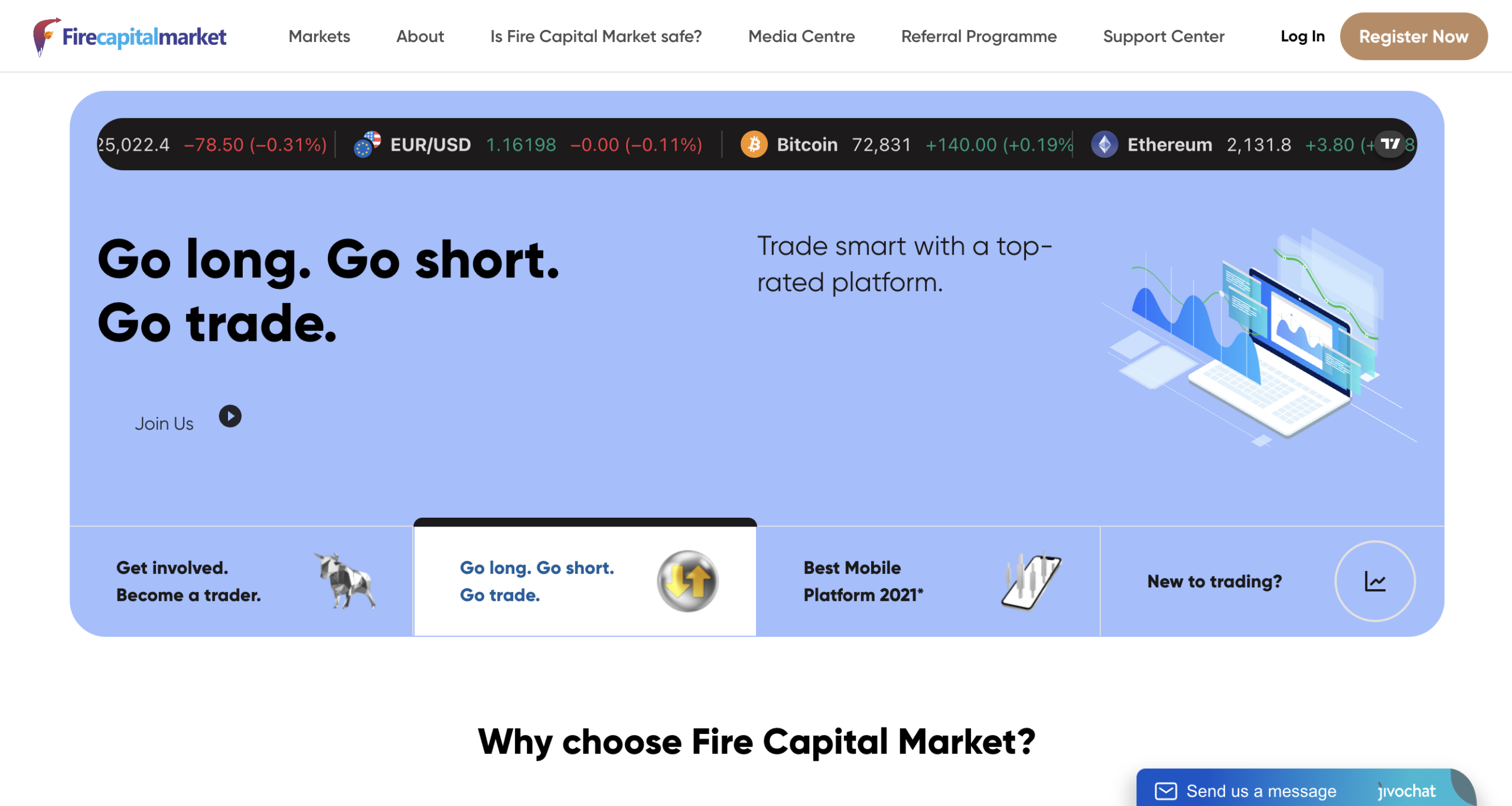 Screenshot of the fraudulent trading platform Fire Capital Market, showcasing its misleading marketing.
