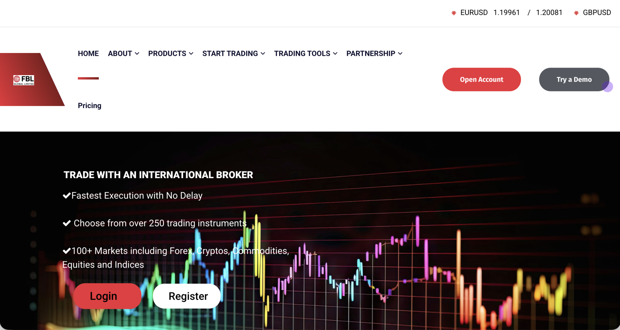 Screenshot of the fraudulent trading platform Fxbaylive, showcasing its misleading marketing.