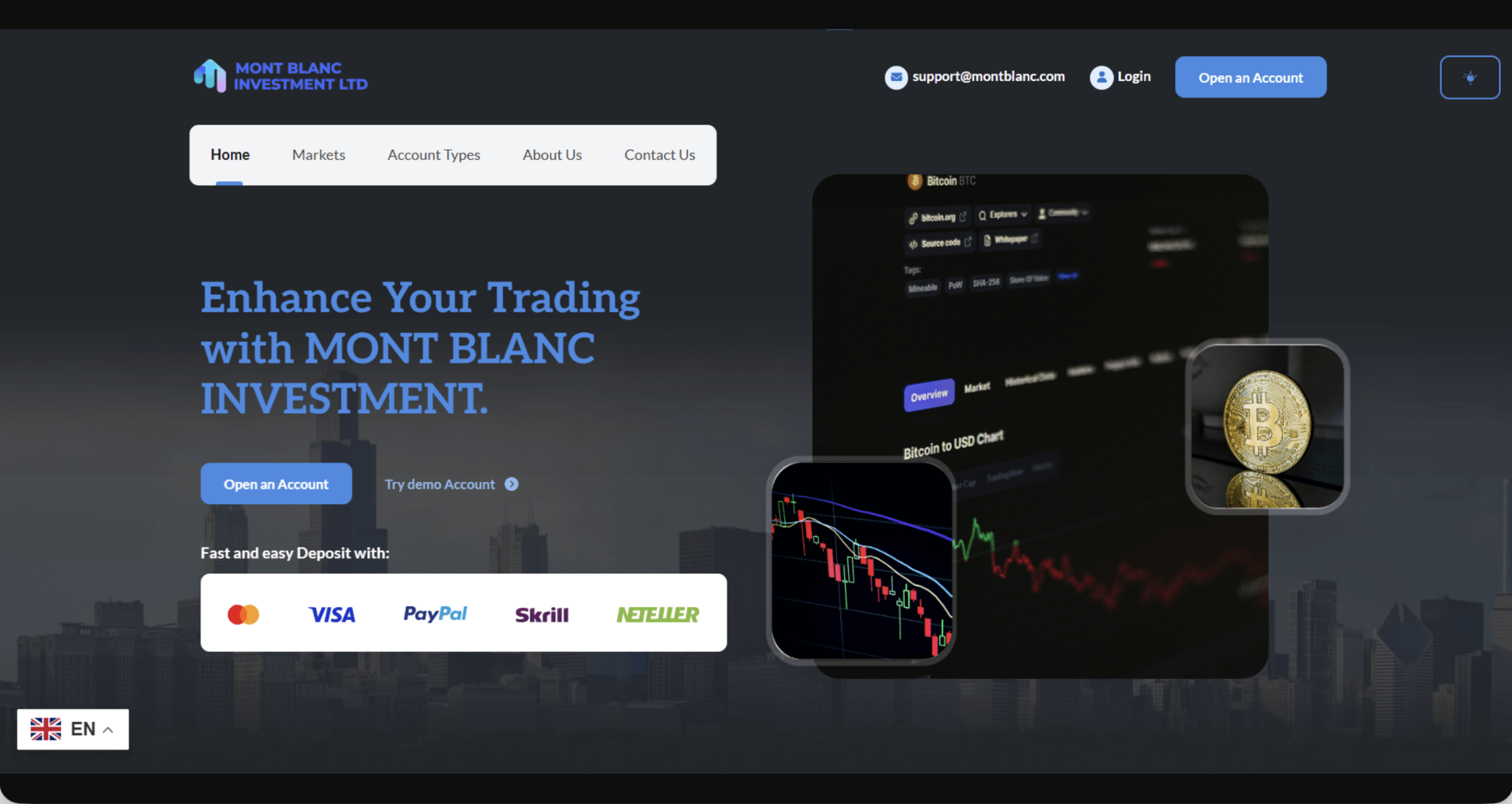 Screenshot of the fraudulent trading platform Mont Blanc Investment Ltd, showcasing its misleading marketing.