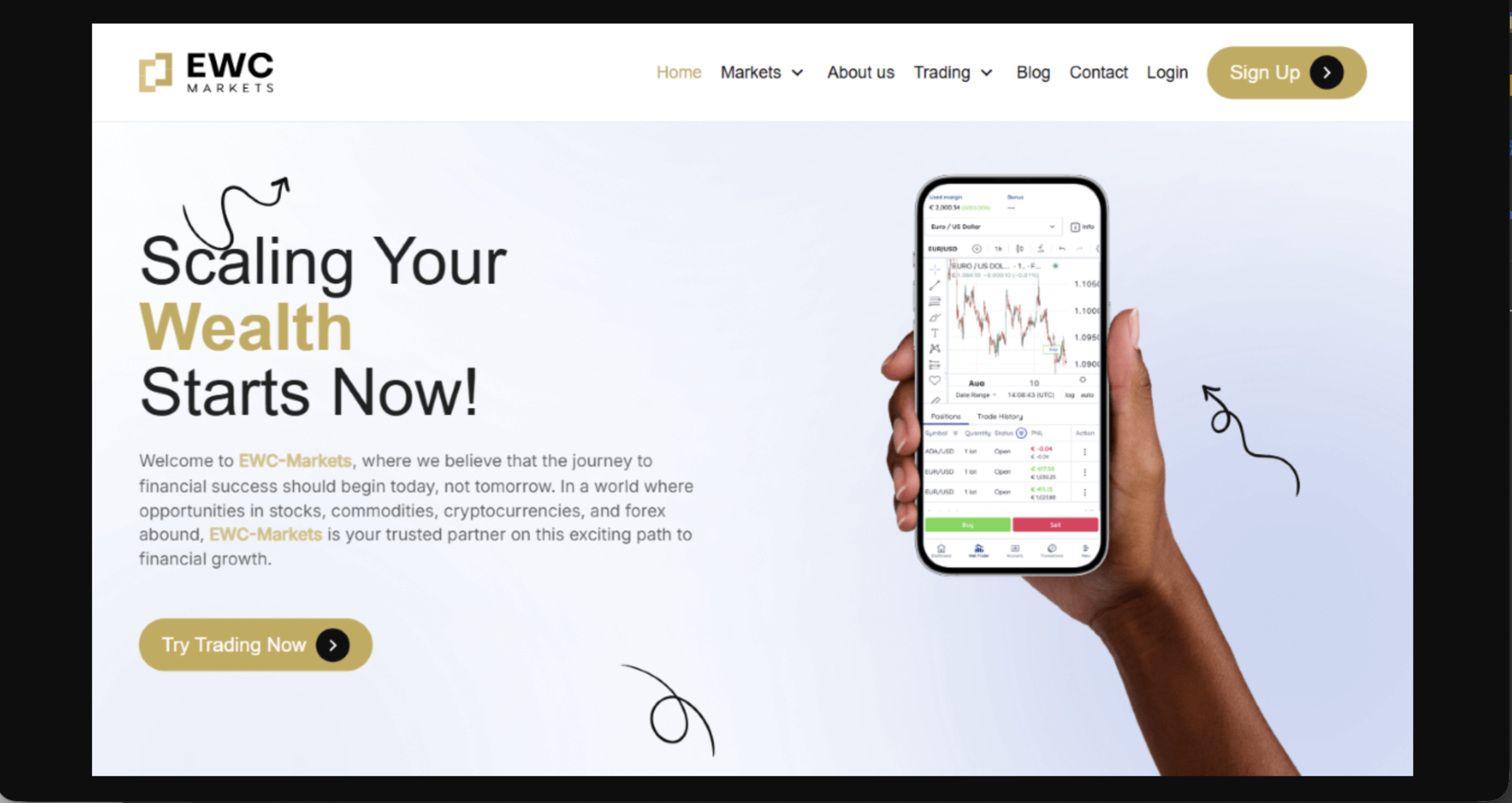Screenshot of the fraudulent trading platform EWC-Markets, showcasing its misleading marketing. 