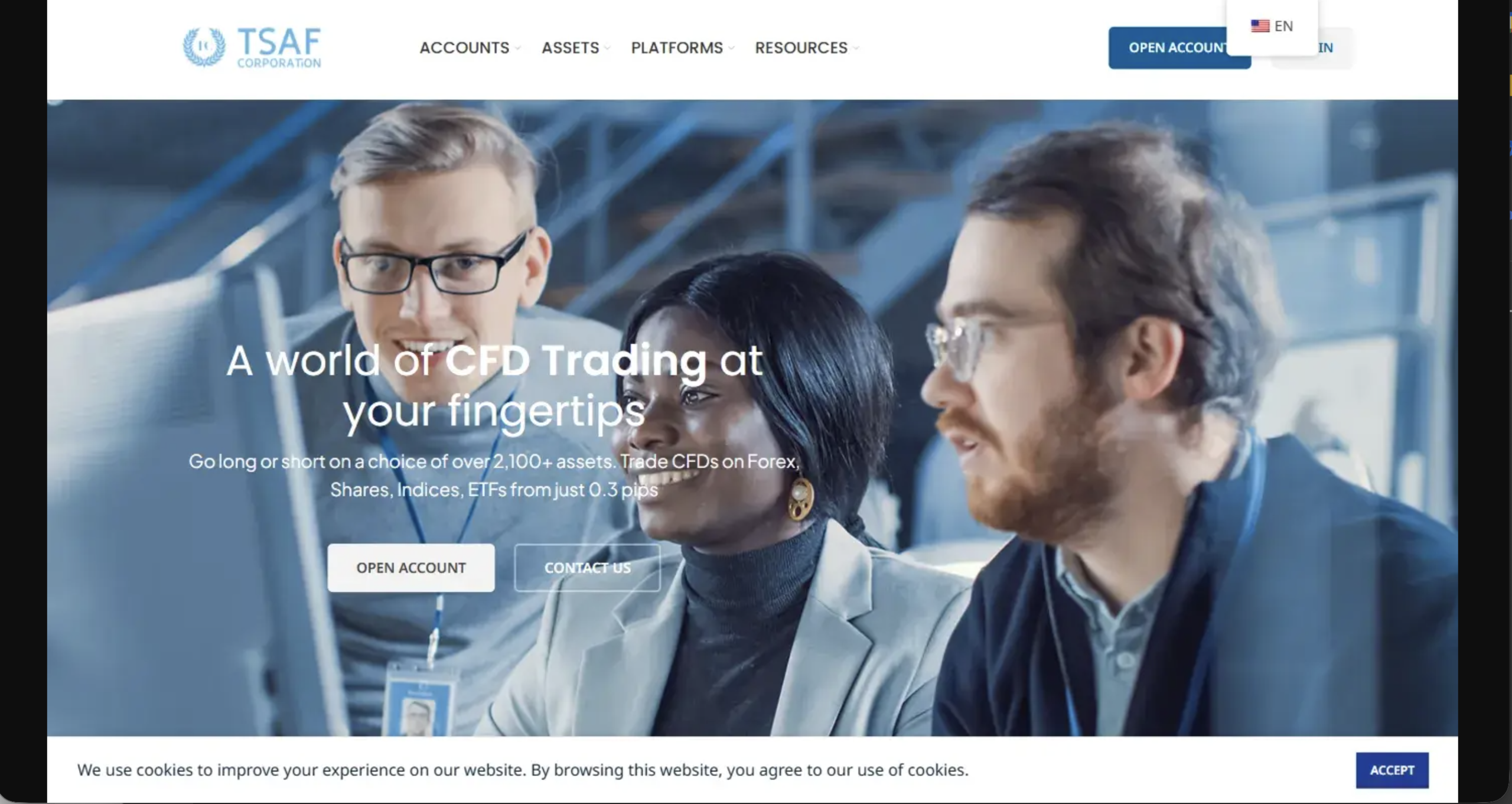 Screenshot of the fraudulent trading platform TSAF Corporation, showcasing its misleading marketing.