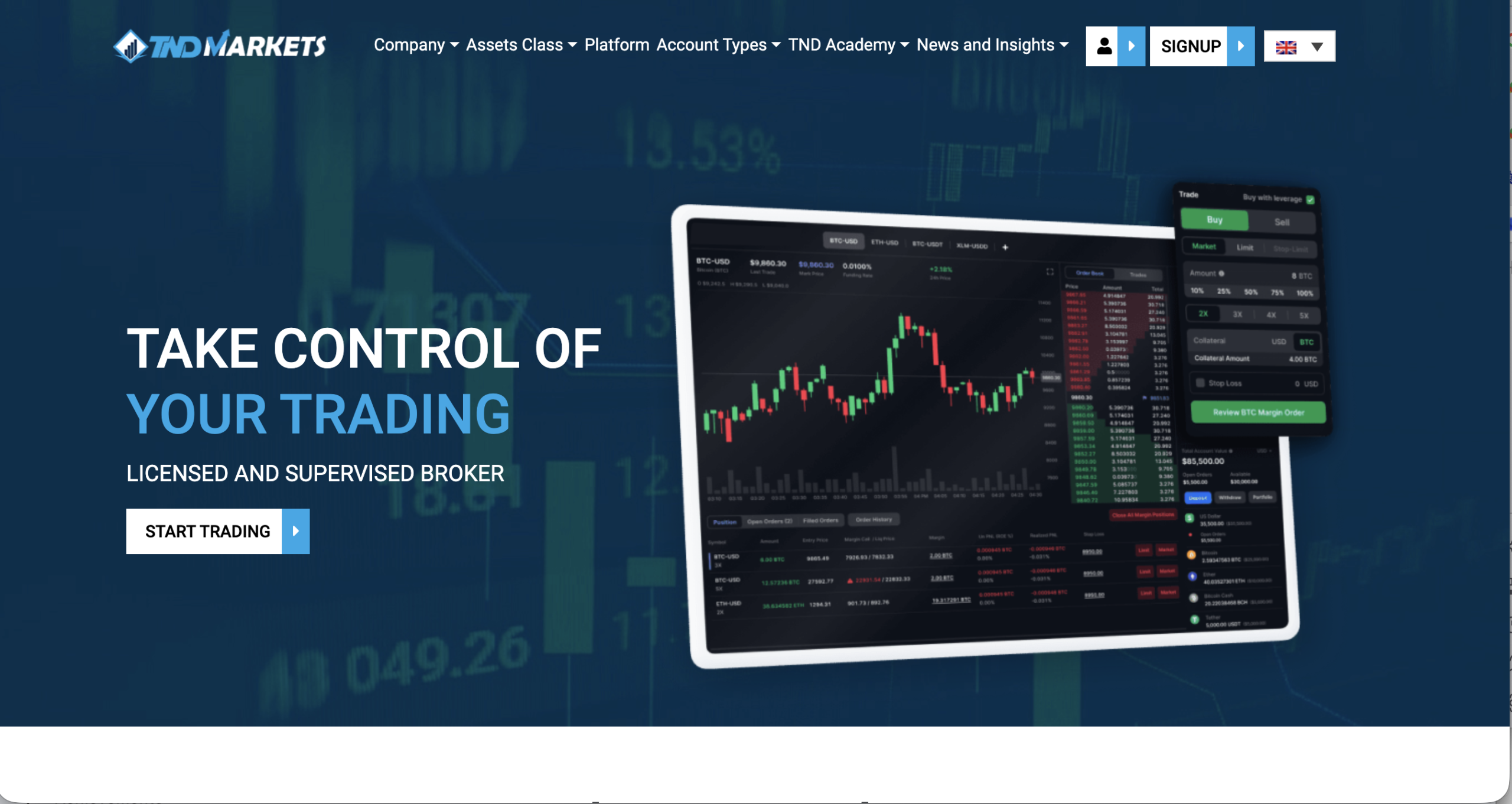 Screenshot of the fraudulent trading platform TNDMarkets, showcasing its misleading marketing.