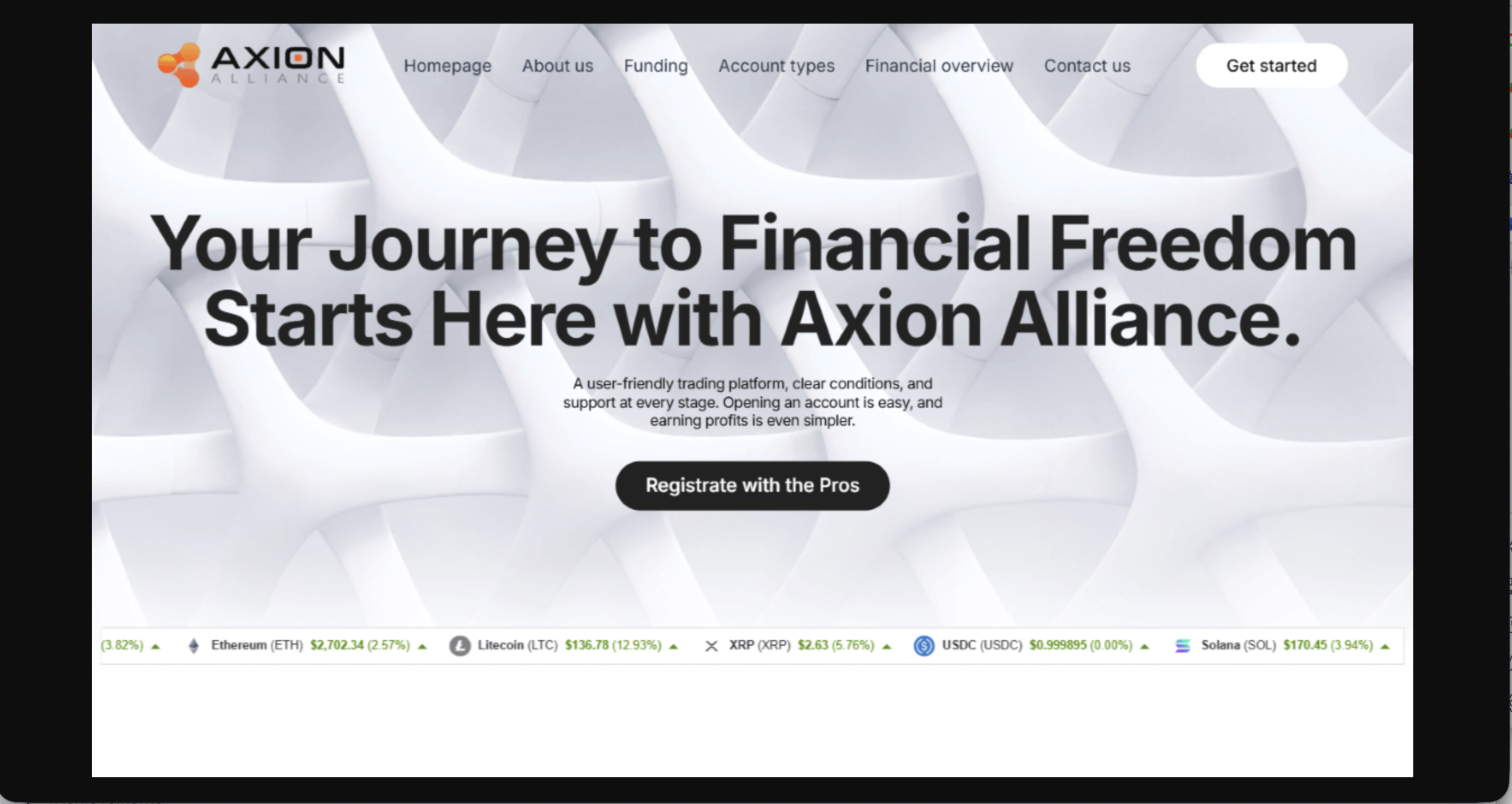 Screenshot of the fraudulent trading platform Axion Alliance, showcasing its misleading marketing.