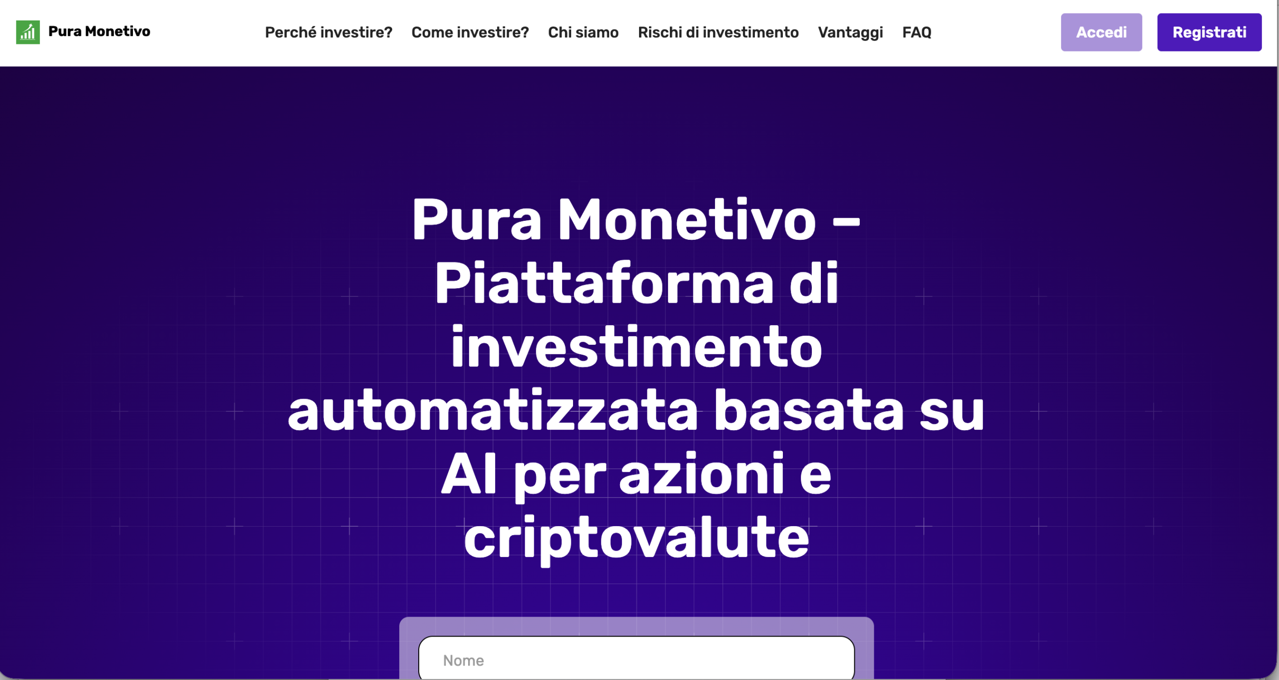 Screenshot of the fraudulent trading platform Pura Monetivo, showcasing its misleading marketing.