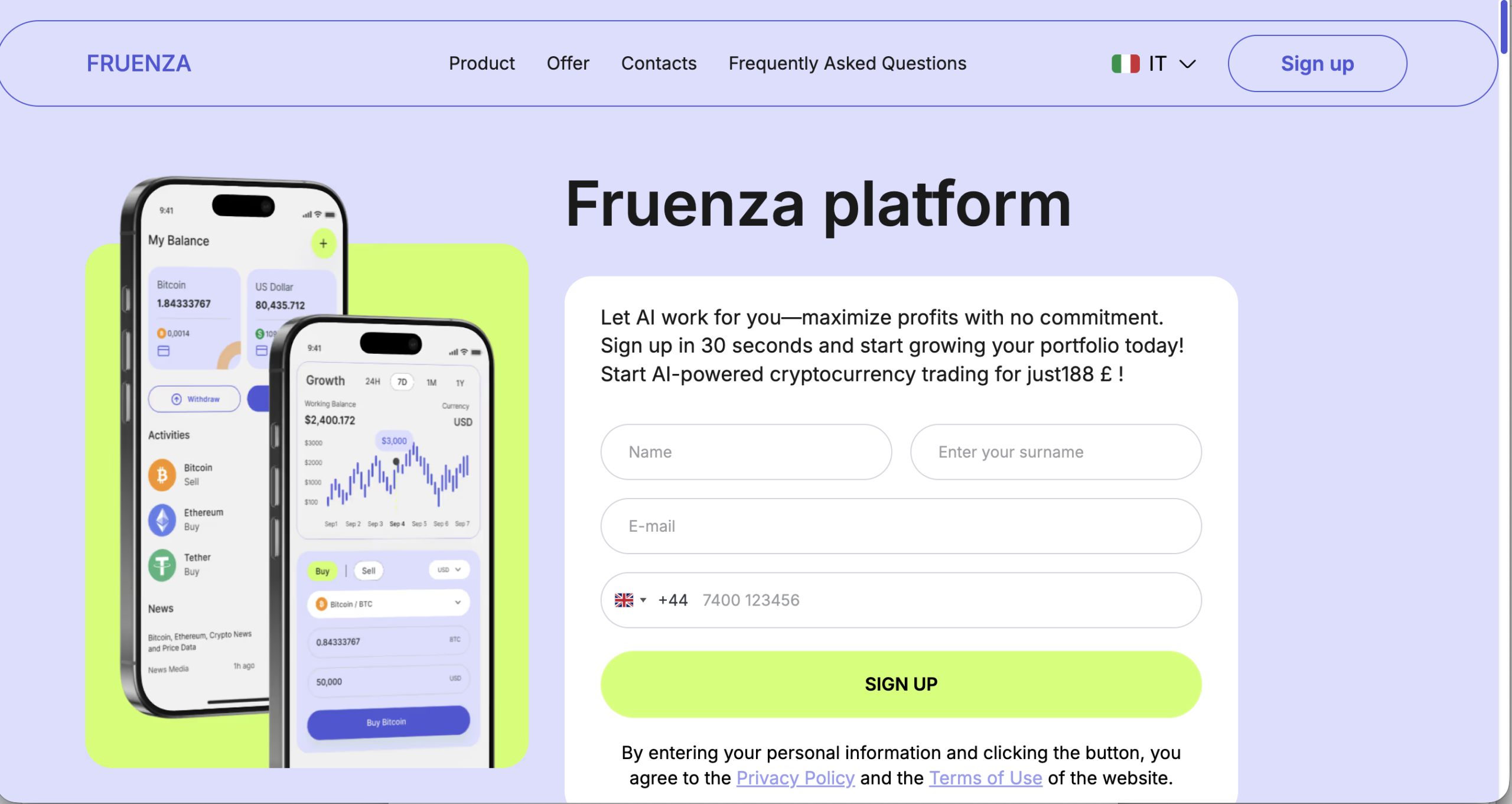 Screenshot of the fraudulent trading platform Fruenza, showcasing its misleading marketing.