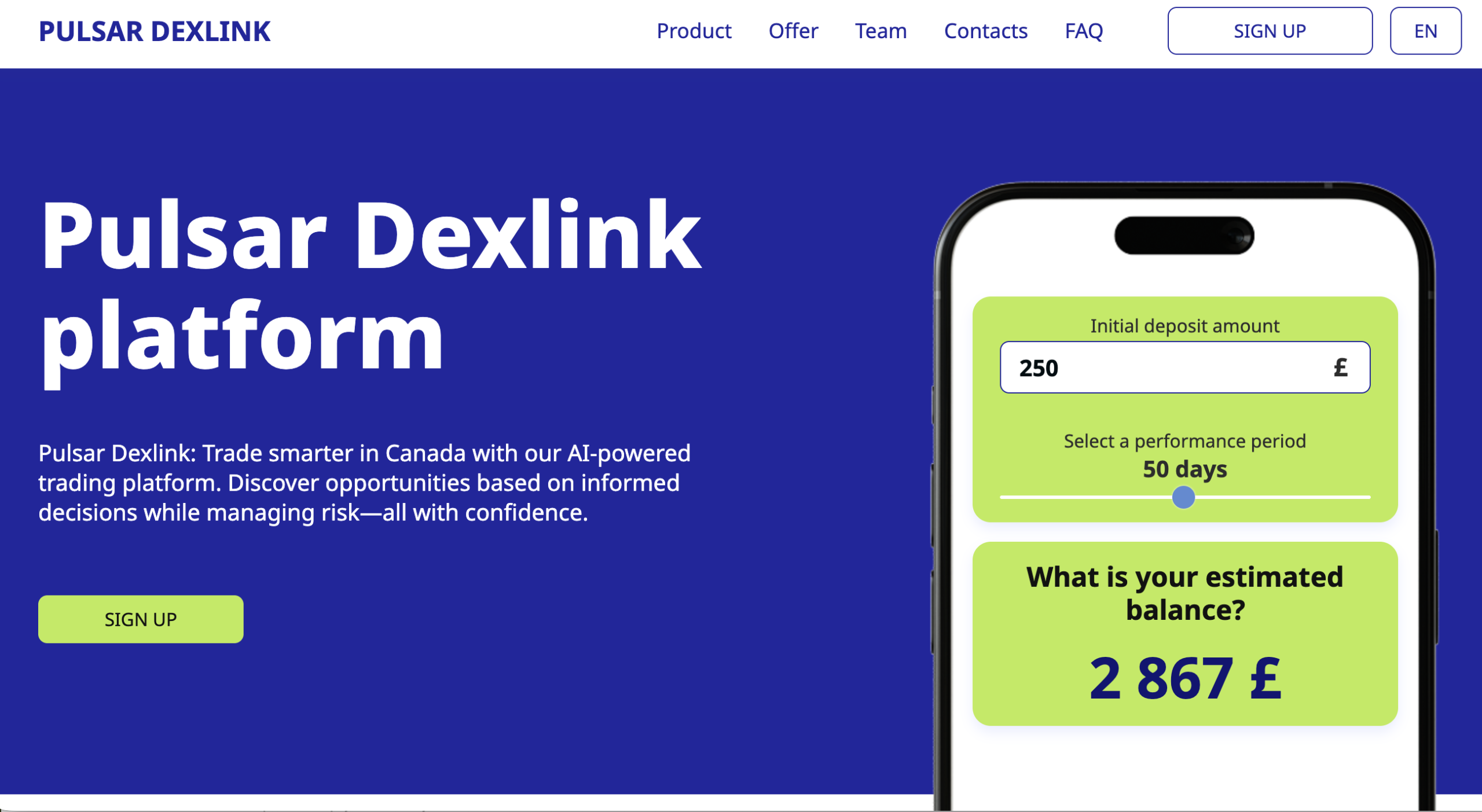 Pulsar Dexlink website homepage screenshot